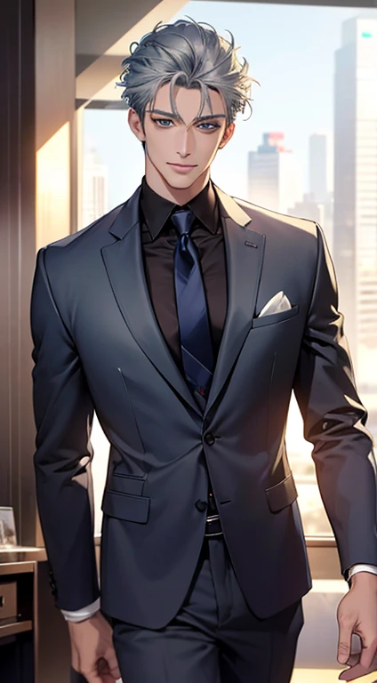 (Highest quality,4K,8K,High resolution,masterpiece:1.2),Super detailed,(Realistic,photoRealistic,photo-Realistic:1.37),1 personld,Mature Men,Beautiful skin、very handsome,Expressionless smile in love,Short gray blue hair,green eyes,Sharp Eyes,A perfect face without a doubt,Businessman,Office Background,Cinema Lighting,HDR image,tie、