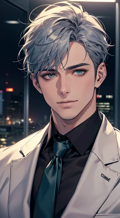 (Highest quality,4K,8K,High resolution,masterpiece:1.2),Super detailed,(Realistic,photoRealistic,photo-Realistic:1.37),1 personld,Mature Men,Beautiful skin、very handsome,Expressionless smile in love,Short gray blue hair,green eyes,Sharp Eyes,A perfect face without a doubt,Businessman,Office Background,Cinema Lighting,HDR image,tie、