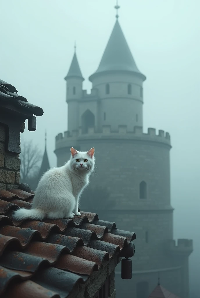 White cat on roof in realistic middle ages with castle in fog background 