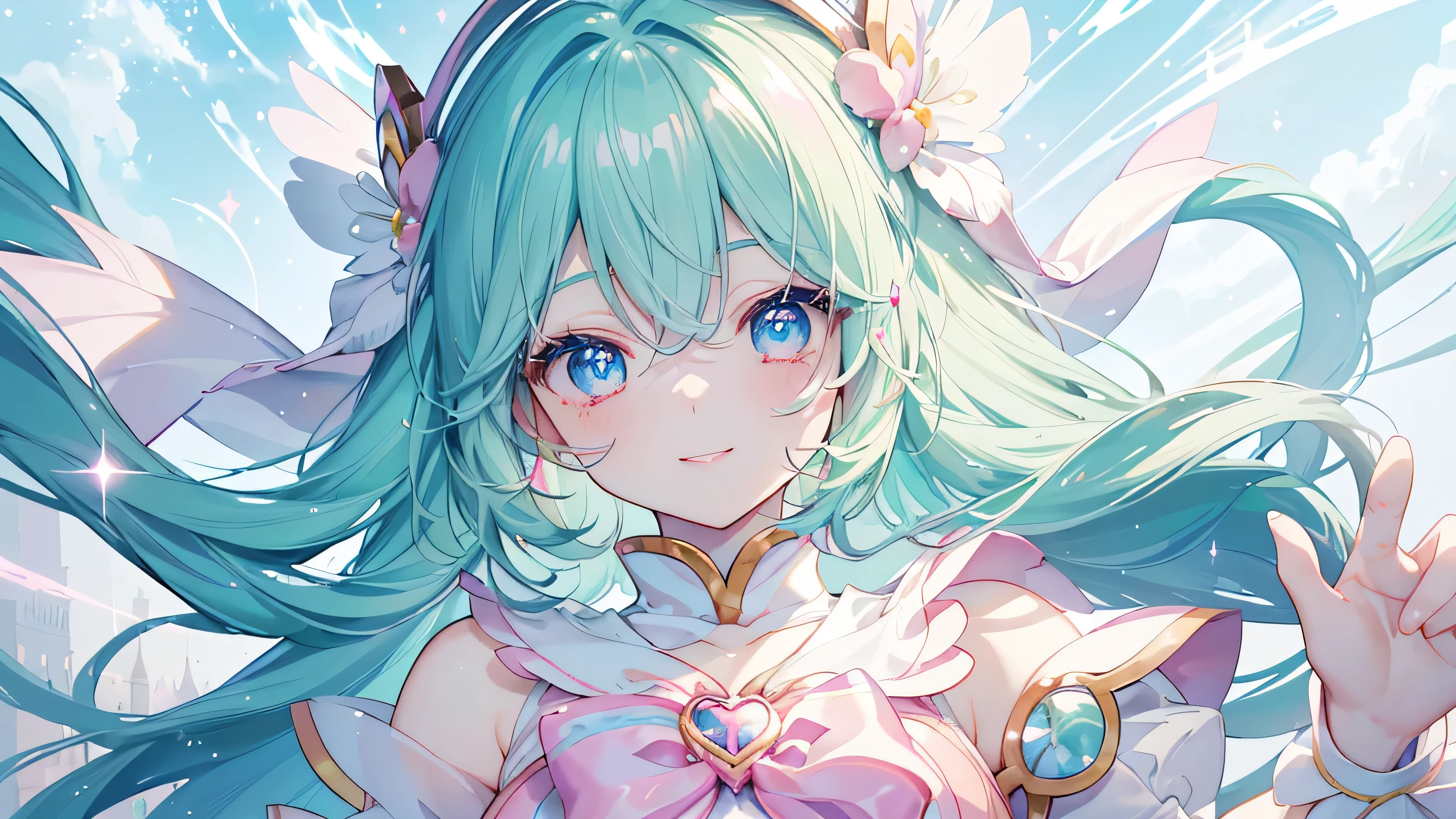 (,Lying on your back,), (((Highest quality、masterpiece、Ultra-fine、Ultra-fine、髪UP,Green Hair,Exquisite、magic circle,dress,16K,cute,The best smile,Full HD,))), ( ((summer,One person,かわいいMagical girl,)))Blue Eyes、Long eyelashes、White skin、(Pale pink lips、Pale pink cheeks、thin and long)、((かわいいMagical girl,The best smile)), (One person)) 、(blue sky)) 、 ((Magical girl)