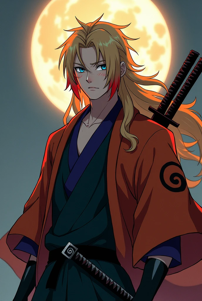 A young male with long blond hair with a blood-red lock and two longer blood-red locks on the back of his head that he left much longer and falling over his chest., eyes of the most beautiful sapphire blue and with their pupils being slanted like those of a fox, In addition to having three whisker marks on each of his cheeks, measuring 1,75, with a marked face, sharp and somewhat long, which gave him a natural charm and a foxy appearance, along with a muscular build, defined and broad-shouldered that belonged to someone of more advanced age and that would leave many Shinobis envious, having a body made for battle and enduring fatigue, No matter how brutal it is.waning moon pendant, a burnt orange haori and the red Uzumaki swirl on his back and arms, A very stylish black kimono with sleeves a little shorter than normal, Underneath that he was wearing a dark violet juban and because he looked closely at his wrists he noticed a carefully woven dark green compression vest underneath the juban., a black tabi, and unas waraji.In addition to having three swords tied to his left side, a katana, a wakizashi and a tantō, All three are quite simple and without too much detail..