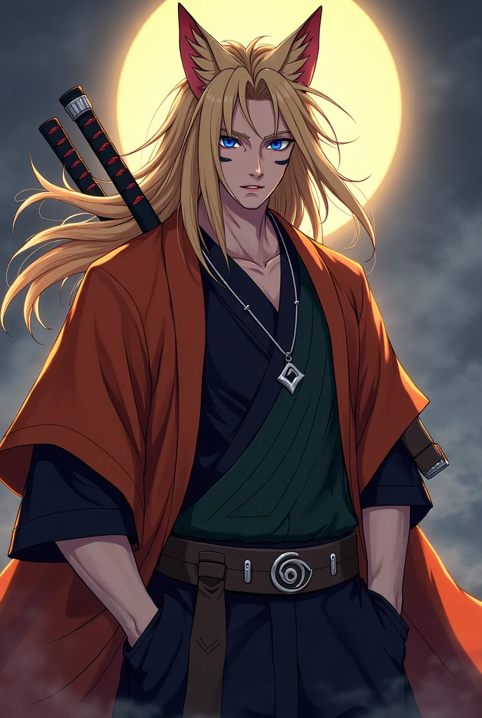 A young male with long blond hair with a blood-red lock and two longer blood-red locks on the back of his head that he left much longer and falling over his chest., eyes of the most beautiful sapphire blue and with their pupils being slanted like those of a fox, In addition to having three whisker marks on each of his cheeks, measuring 1,75, with a marked face, sharp and somewhat long, which gave him a natural charm and a foxy appearance, along with a muscular build, defined and broad-shouldered that belonged to someone of more advanced age and that would leave many Shinobis envious, having a body made for battle and enduring fatigue, No matter how brutal it is.waning moon pendant, a burnt orange haori and the red Uzumaki swirl on his back and arms, A very stylish black kimono with sleeves a little shorter than normal, Underneath that he was wearing a dark violet juban and because he looked closely at his wrists he noticed a carefully woven dark green compression vest underneath the juban., a black tabi, and unas waraji.In addition to having three swords tied to his left side, a katana, a wakizashi and a tantō, All three are quite simple and without too much detail..