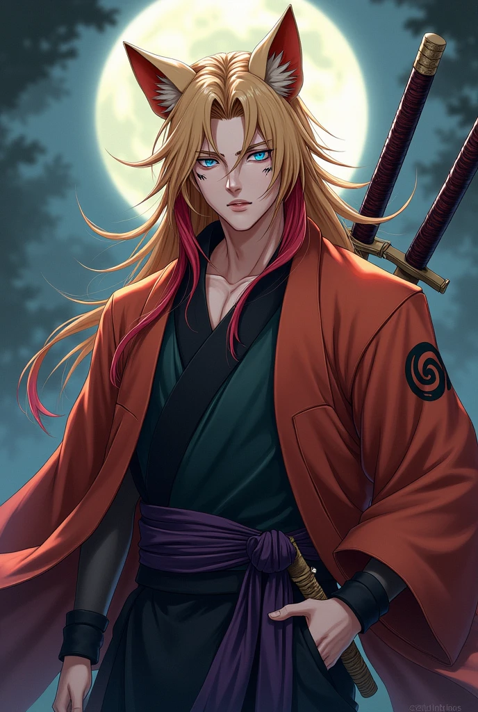 A young male with long blond hair with a blood-red lock and two longer blood-red locks on the back of his head that he left much longer and falling over his chest., eyes of the most beautiful sapphire blue and with their pupils being slanted like those of a fox, In addition to having three whisker marks on each of his cheeks, measuring 1,75, with a marked face, sharp and somewhat long, which gave him a natural charm and a foxy appearance, along with a muscular build, defined and broad-shouldered that belonged to someone of more advanced age and that would leave many Shinobis envious, having a body made for battle and enduring fatigue, No matter how brutal it is.waning moon pendant, a burnt orange haori and the red Uzumaki swirl on his back and arms, A very stylish black kimono with sleeves a little shorter than normal, Underneath that he was wearing a dark violet juban and because he looked closely at his wrists he noticed a carefully woven dark green compression vest underneath the juban., a black tabi, and unas waraji.In addition to having three swords tied to his left side, a katana, a wakizashi and a tantō, All three are quite simple and without too much detail..