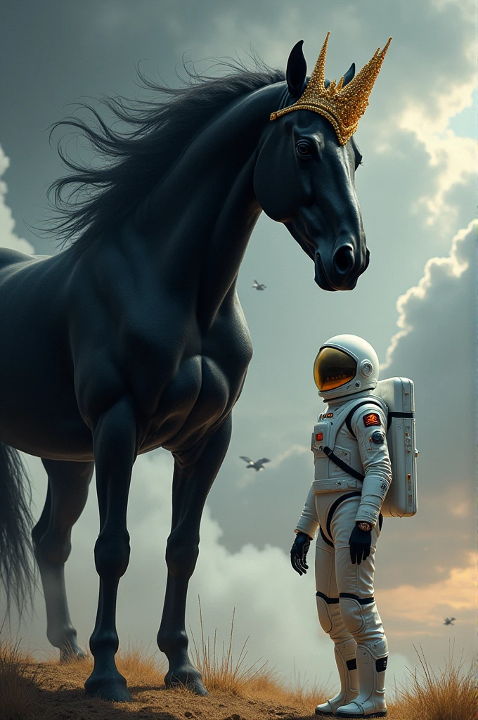 A black horse with a crown on its head and a man from space in front of it