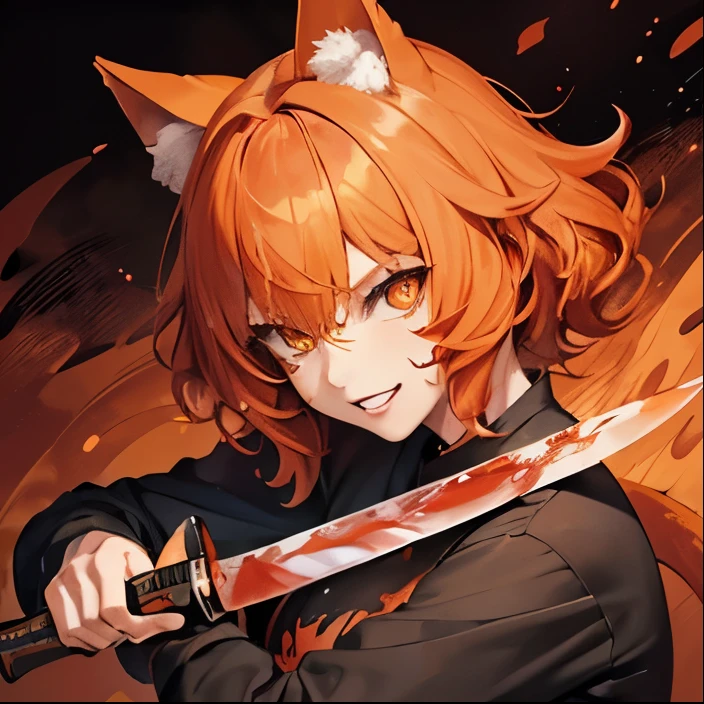 Mature orange-eyed girl, orange catgirl ears and tail, (full lips: 1.2), short orange hair ending in soft curls, evil grin, forest backdrop, (clothing and face and hair splashed with red paint: 1.2), (threatening me with a bloody knife: 1.3)