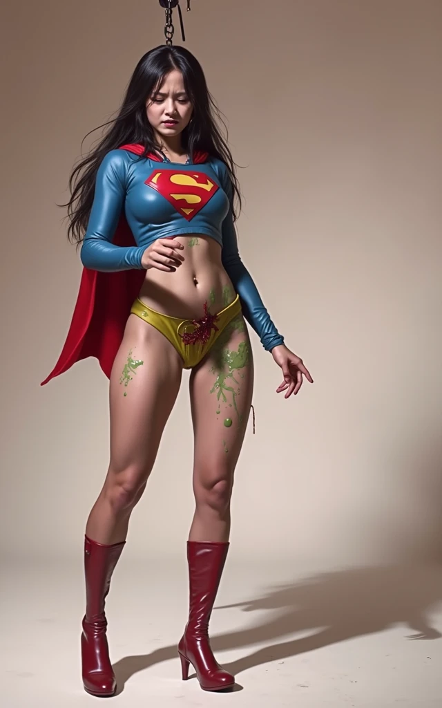 Wearing a Supergirl costume、The  of the beautiful Japanese girl Supergirl, covered in green liquid 、Beautiful Japanese Supergirl、close your eyes、Bleeding from the groin、Face in pain、spit blood from the mouth、Hanged、Dead、Vomiting blood、Dead