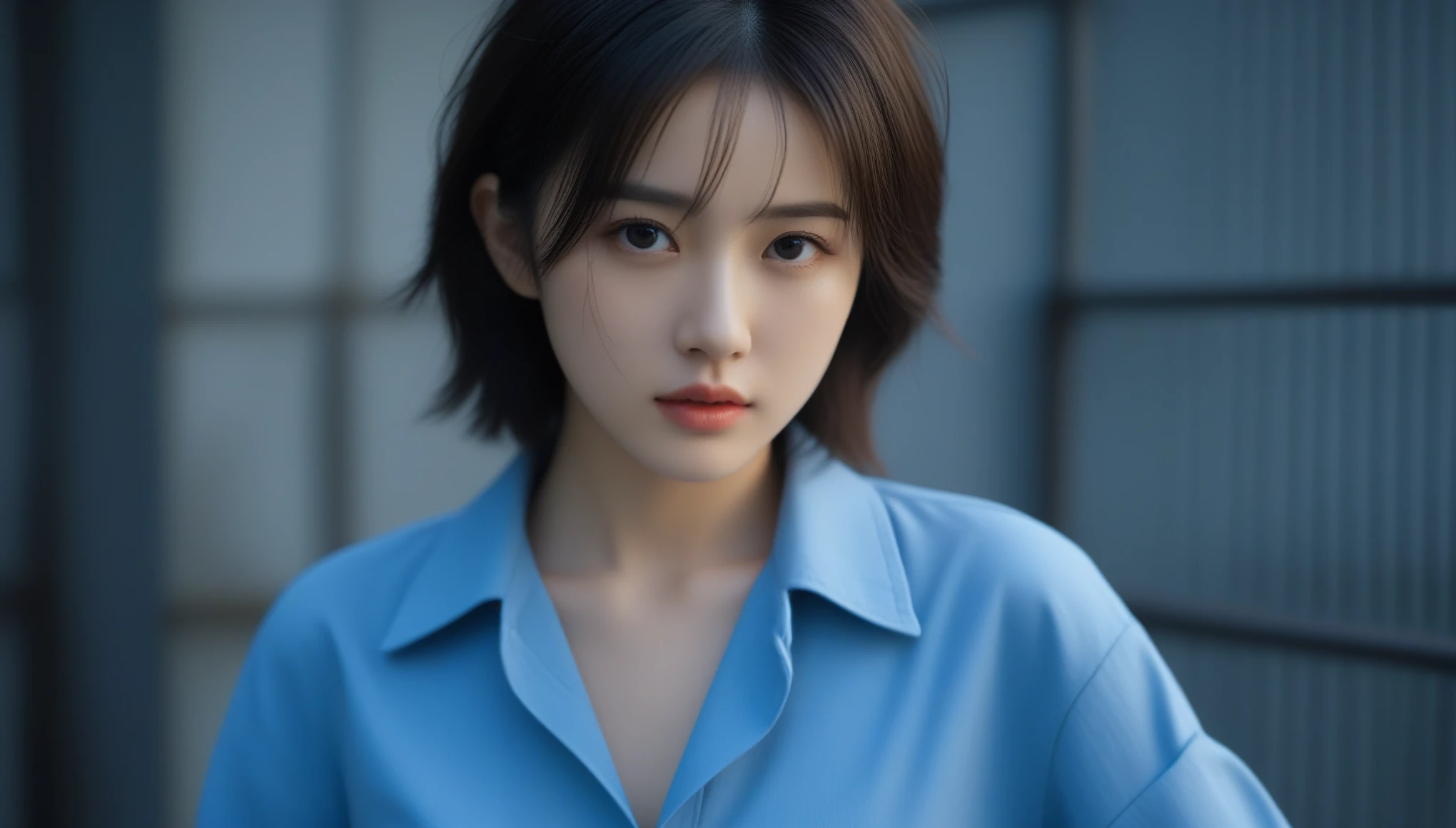 8k, Ultra-high resolution, Highest quality, masterpiece, 三分割法によるphotograph,Surreal, photograph, 1 , (:1.3), cute, cute顔, 細部までBeautiful Eyes, 細かくdetailedに,masterpiece,One Girl:1.2,Japanese women,Young Wife,cowboy shot,glaring,Black short hair,messy hair,(Dirty work clothes:1.3),Staring through the wire mesh,Blue Collar,Factory wall,(Beautiful attention to detail),Subtle details, detailedな顔,anger,Attractive eyes,(ポートレートphotograph:1.4),(Photorealistic images:1.4),Fantasy art,(Beautiful Face:1.4),美しくAttractive eyes、Beautiful Eyes、Grayscale 16Bits,(Tight waist:1.4)、(Beautiful with perfect body proportions:1.4),Pink Lips,Looking at the audience,(((Ideal body type))),A-cup small breasts :2,、Portraiture:2、Perfect Anatomy、鮮明なdetailed、detailed,Fashion magazine cover,Thin lips,完璧でBeautiful Face ,完璧でcute顔, Skin with attention to detail, Perfect limbs、Narrow waist,Surreal,Light and shadow,darkness