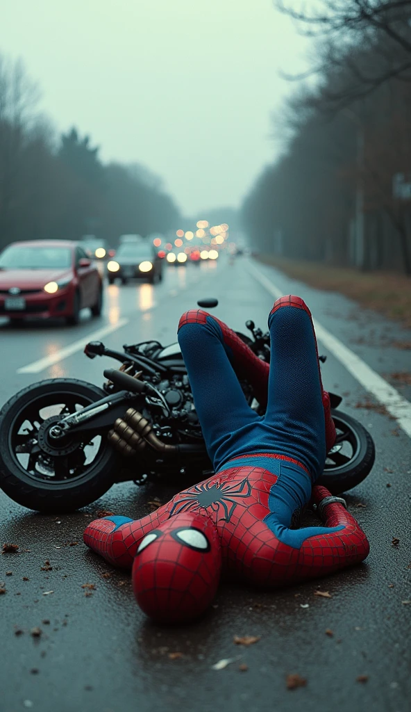 It looks like this image shows Spider-Man lying on the ground in front of a crashed motorcycle on a highway, with cars and debris surrounding him. The scene seems dramatic, with Spider-Man appearing injured or exhausted, possibly after an accident or a battle. The environment suggests a tense or urgent situation, with traffic and a cloudy sky adding to the intensity.