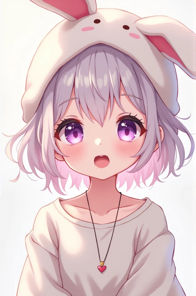 Light skinned anime girl, purple eyes, White updo with pink highlights, Long-sleeved clothing that fits loosely, a kawaii bunny hat and a heart necklace