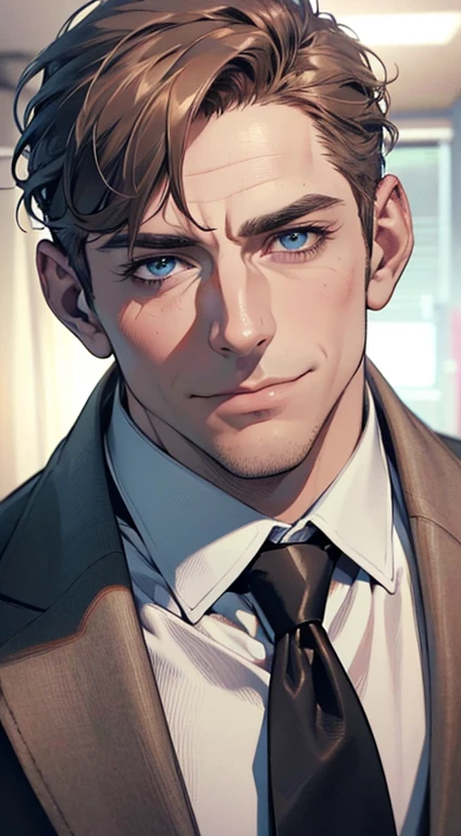 (best quality,4k,8k,highres,masterpiece:1.2),ultra-detailed,(realistic,photorealistic,photo-realistic:1.37),1 man,3,mature man,very handsome,without expression,smile,short grey brown hair,blue eyes,penetrating gaze,perfect face without errors,imposing posture,businessman,office background,cinematic lighting,hdr image