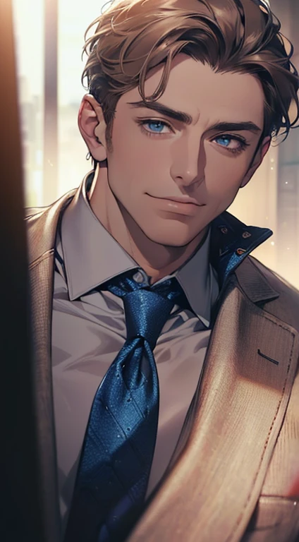 (best quality,4k,8k,highres,masterpiece:1.2),ultra-detailed,(realistic,photorealistic,photo-realistic:1.37),1 man,3,mature man,very handsome,without expression,smile,short grey brown hair,blue eyes,penetrating gaze,perfect face without errors,imposing posture,businessman,office background,cinematic lighting,hdr image