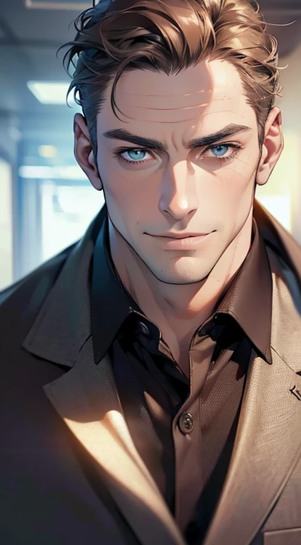 (best quality,4k,8k,highres,masterpiece:1.2),ultra-detailed,(realistic,photorealistic,photo-realistic:1.37),1 man,3,mature man,very handsome,without expression,smile,short grey brown hair,blue eyes,penetrating gaze,perfect face without errors,imposing posture,businessman,office background,cinematic lighting,hdr image