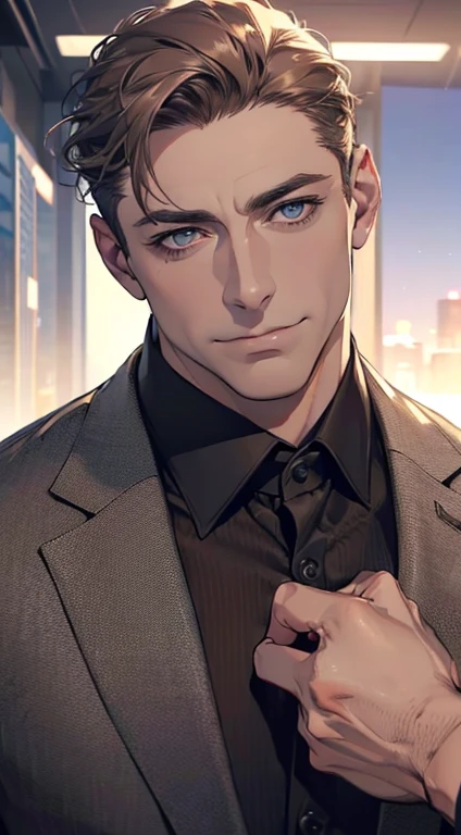 (best quality,4k,8k,highres,masterpiece:1.2),ultra-detailed,(realistic,photorealistic,photo-realistic:1.37),1 man,3,mature man,very handsome,without expression,smile,short grey brown hair,blue eyes,penetrating gaze,perfect face without errors,imposing posture,businessman,office background,cinematic lighting,hdr image