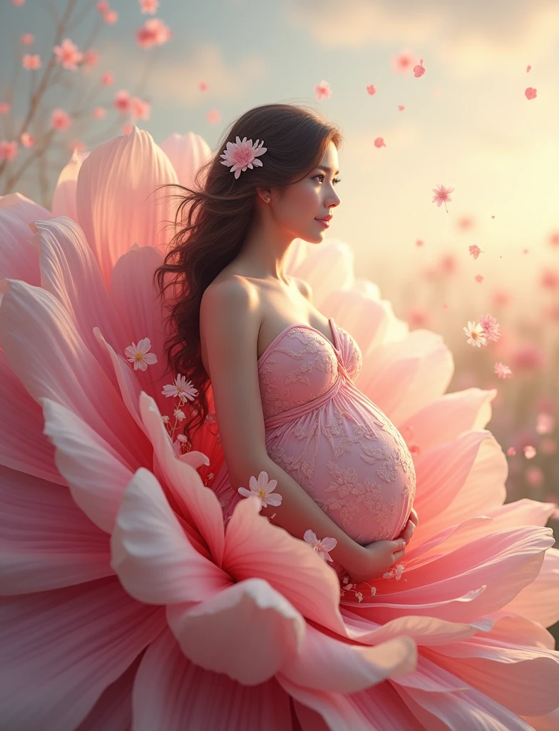 pregnant woman in red dress standing in a large flower, digital art inspired by Igor Kieryluk, trending on cg society, digital art, maternal photography 4 k, perky woman made of petals, pregnant belly, stunning elegant pose, flower goddess, lady with glowing flowers dress, maternity feeling, dressed in a flower dress, photo manipulation, beautiful and graceful, pregnant, leaf flowing in air