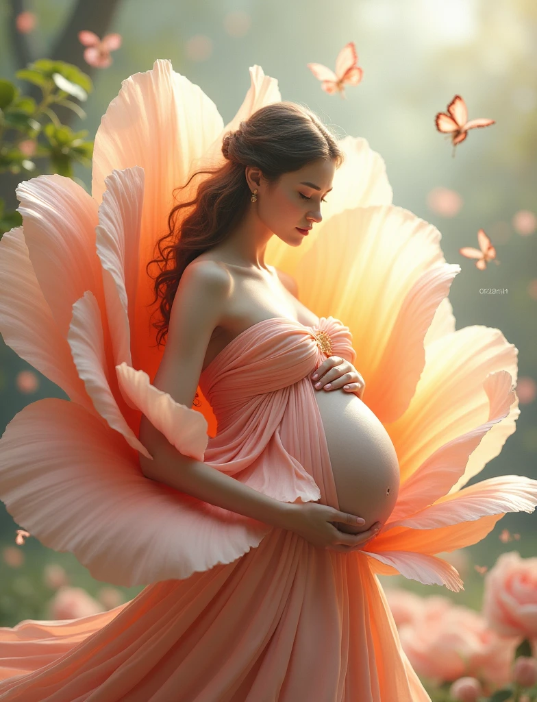 pregnant woman in red dress standing in a large flower, digital art inspired by Igor Kieryluk, trending on cg society, digital art, maternal photography 4 k, perky woman made of petals, pregnant belly, stunning elegant pose, flower goddess, lady with glowing flowers dress, maternity feeling, dressed in a flower dress, photo manipulation, beautiful and graceful, pregnant, leaf flowing in air