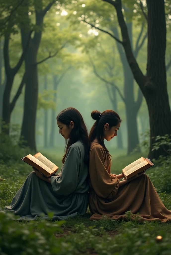 Make me a picture where you can see a couple reading the Bible while sitting down, back to back,that is to say, that they are turning their backs on each other, that the couple looks far away sitting under trees in the forest