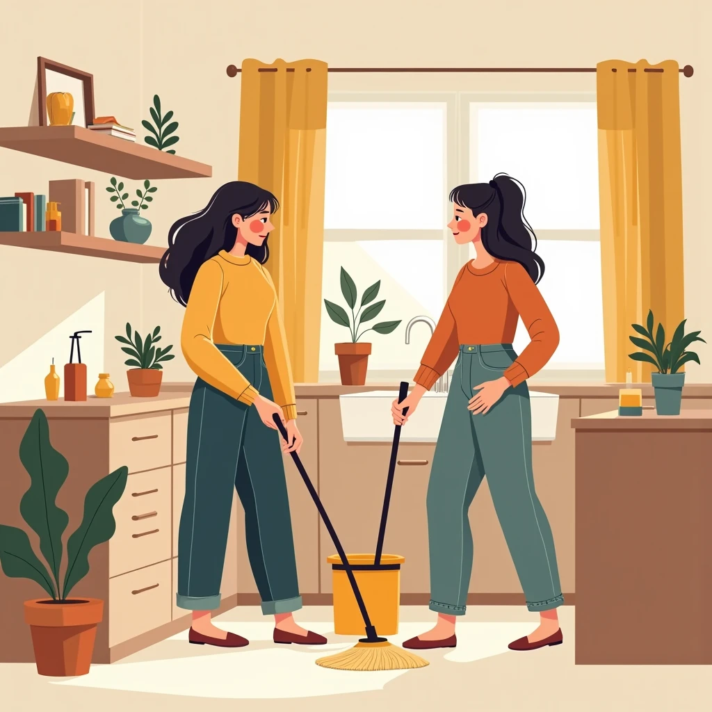 Two women living together divide the cleaning duties well and finish cleaning the house efficiently.