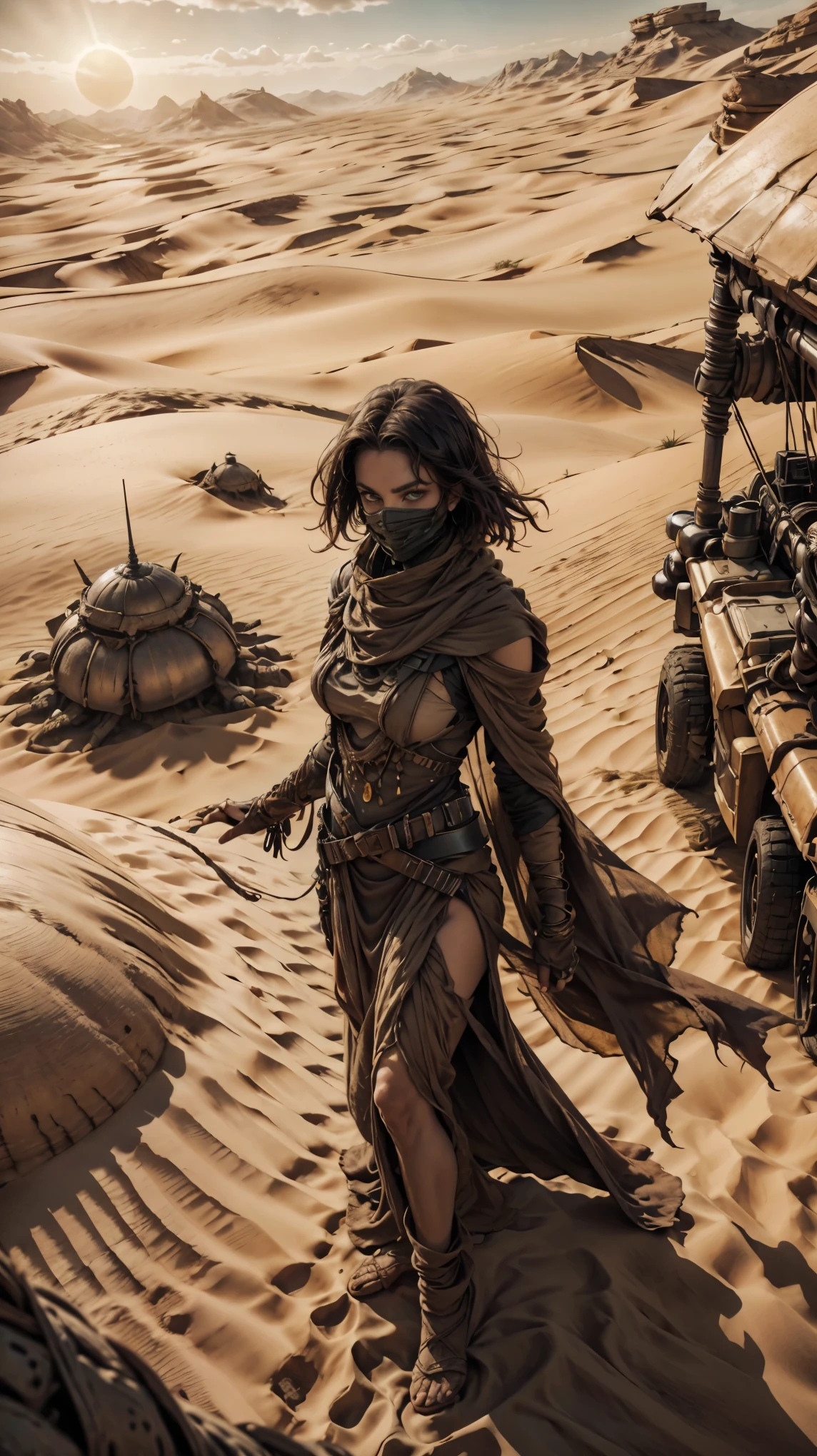 from above, high view shot, in the heart of a desert of Dune, a young sexy woman with a large and black haircut, desert tunic, white skin, sexy and tight desert clothes, brown, gold and sand, dunes, serious. In a desert sunset with a full orange sun, with worn desert tunic, black tattoos, sensual pose, desert metal face mask, creates an atmosphere of "Dune the movie", energy and sunset sun lights. ancestral alien buildings, good quality eyes, esmerald green eyes, ultra detailed, light effects, masterpiece, 4k, raytracing, 3/4 body, close-up, high view, particles and sand dust, intricate details, intricate body details, intricate face details.
