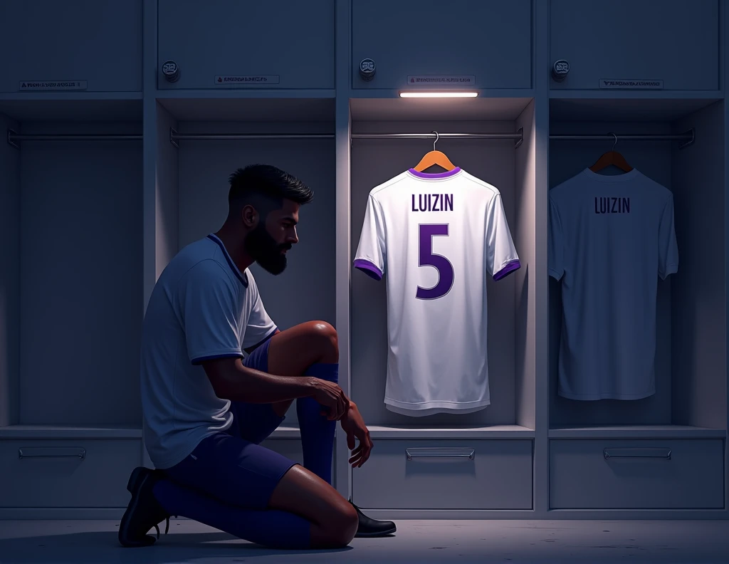 football locker room with a football player&#39;s cabin in this cabin there will be a white shirt with purple details (minimalists) on the collar and at the tip of the sleeve the shirt must be showing the back with the name LUIZIN highlighted and the shirt number must be number 5, the cabin at the top must contain the name of the club which is GALADOS CITY, all ambient light must be off, only the light of the sign with the name GALADOS CITY and a low light above the shirt indicating prominence must be on. (The image should be centered and not too far away) and the player with slightly dark skin, short black hair with a gradient and a beard showing that he cares about the current fashion style must be wearing pre-game clothes different from the shirt that is hanging in the locker room, the one he is wearing is gray with purple details on the sleeve and collar of the shirt and on the shorts, the player in the image must be tying his shoes and concentrating (indicating pre-game concentration) ( only the silhouette of the player kneeling with his back turned looking at the shirt should appear, as if he was admiring his own shirt)