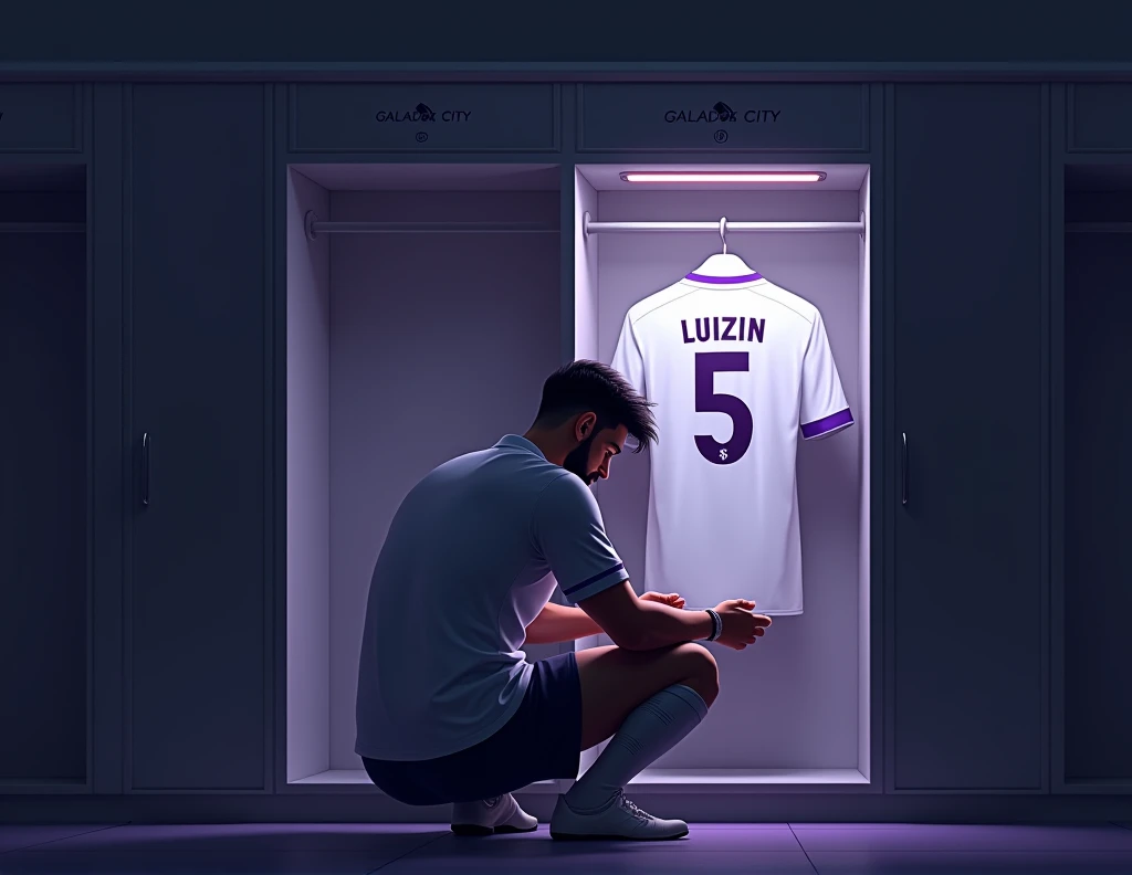 football locker room with a football player&#39;s cabin in this cabin there will be a white shirt with purple details (minimalists) on the collar and at the tip of the sleeve the shirt must be showing the back with the name LUIZIN highlighted and the shirt number must be number 5, the cabin at the top must contain the name of the club which is GALADOS CITY, all ambient light must be off, only the light of the sign with the name GALADOS CITY and a low light above the shirt indicating prominence must be on. (The image should be centered and not too far away) and the player with slightly dark skin, short black hair with a gradient and a beard showing that he cares about the current fashion style must be wearing pre-game clothes different from the shirt that is hanging in the locker room, the one he is wearing is gray with purple details on the sleeve and collar of the shirt and on the shorts, the player in the image must be tying his shoes and concentrating (indicating pre-game concentration) ( only the silhouette of the player kneeling with his back turned looking at the shirt should appear, as if he was admiring his own shirt)