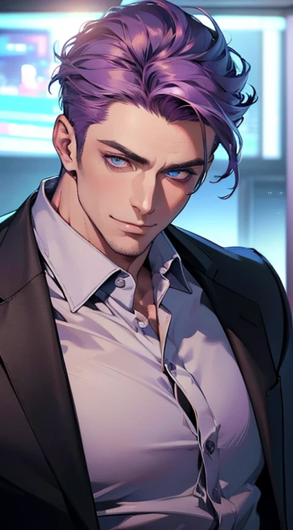 (best quality,4k,8k,highres,masterpiece:1.2),ultra-detailed,(realistic,photorealistic,photo-realistic:1.37),1 man,3,mature man,very handsome,without expression,smile,short purple hair,blue eyes,penetrating gaze,perfect face without errors,imposing posture,businessman,office background,cinematic lighting,hdr image