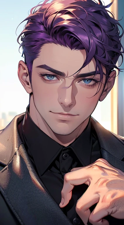 (best quality,4k,8k,highres,masterpiece:1.2),ultra-detailed,(realistic,photorealistic,photo-realistic:1.37),1 man,3,mature man,very handsome,without expression,smile,short purple hair,blue eyes,penetrating gaze,perfect face without errors,imposing posture,businessman,office background,cinematic lighting,hdr image