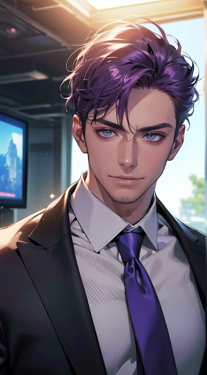 (best quality,4k,8k,highres,masterpiece:1.2),ultra-detailed,(realistic,photorealistic,photo-realistic:1.37),1 man,3,mature man,very handsome,without expression,smile,short purple hair,blue eyes,penetrating gaze,perfect face without errors,imposing posture,businessman,office background,cinematic lighting,hdr image