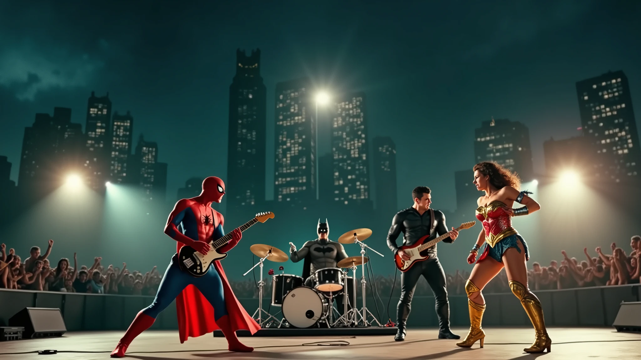 justice league rock band style, spider man playing drums ,superman vocalist , batman on the way out, wonder woman vocal , flash guitar, superheroes playing instruments at a rock concert,styled