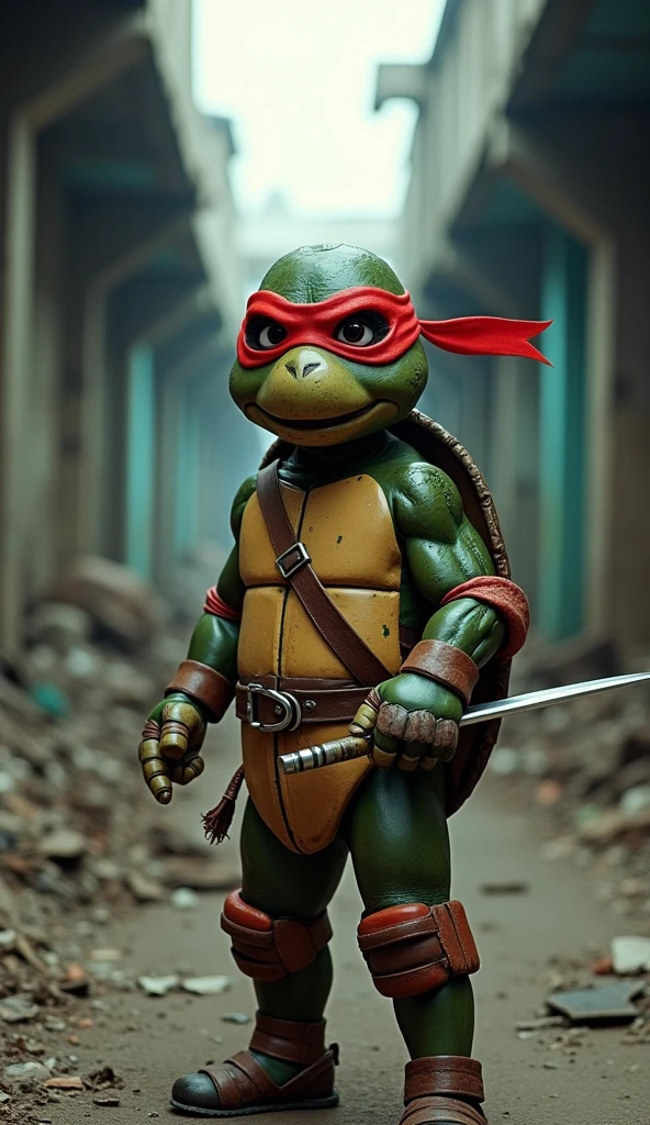 hyper realistic, photo of ??? , wearing the Raphael Teenage Mutant Ninja Turtle costume create from used cardboard with a lot of dirt and scar, the costume with intricated texture details, wields twin sai as his primary weapon, pose ready to fight, background in chaotic Indonesian sewers look like Gotham City. Setting in year 1990. Late afternoon, overcast lightning, shot on Kodak Portra 200, full body, film grain, nostalgic mood.