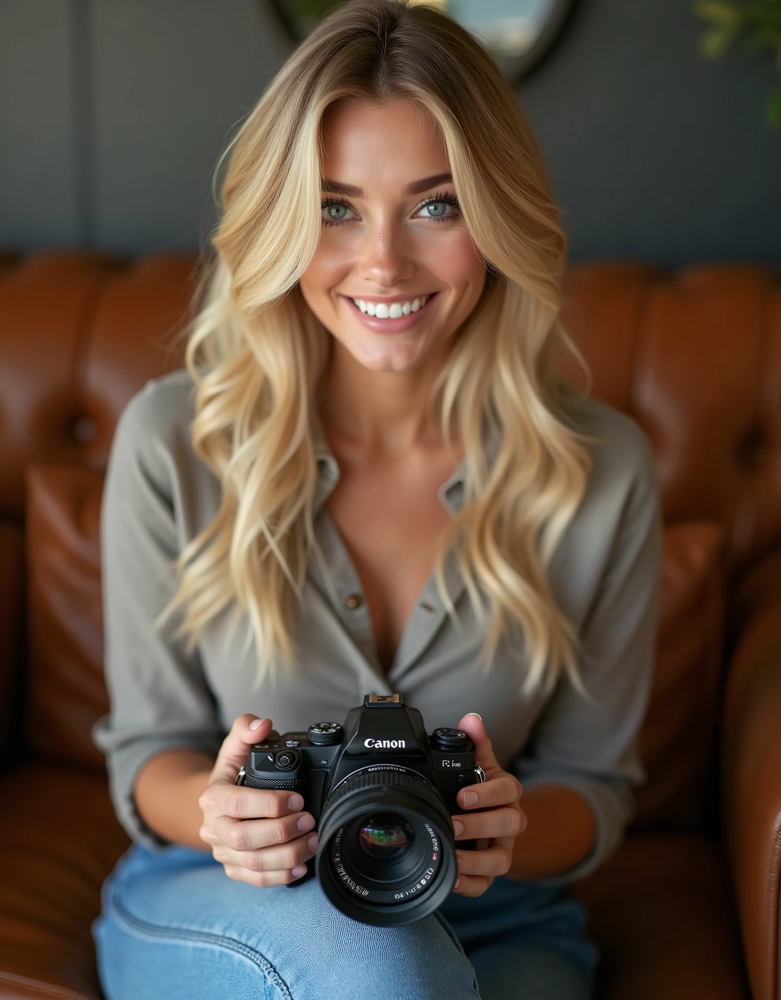 Cute blonde instagram influencer, blue eyes, sitting on a brown couch with a Canon R5 with a 50mm lens attached, jeans, 1, flirty smile