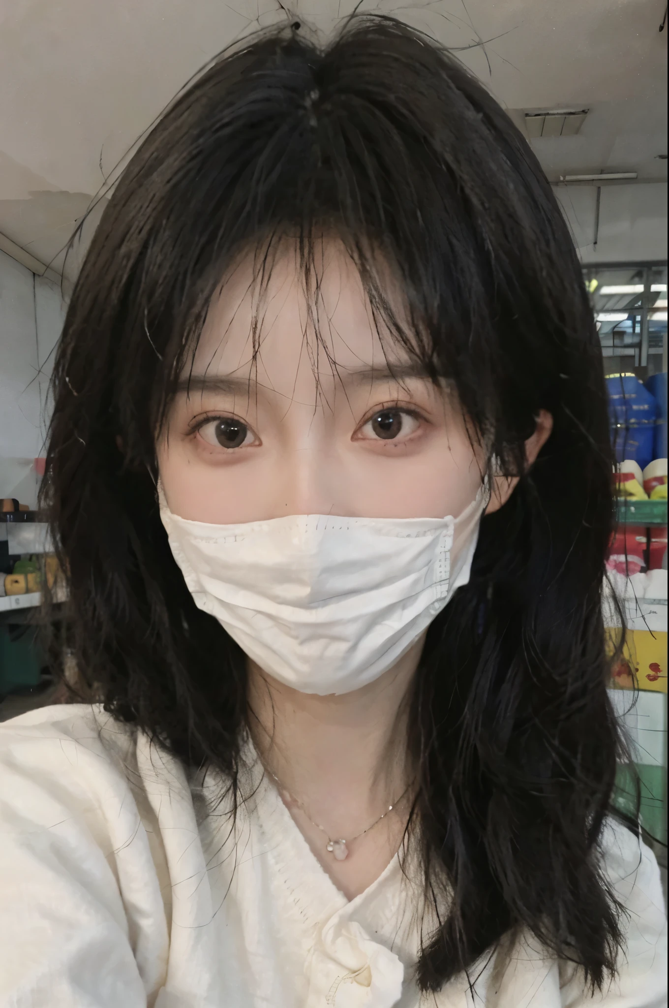 wear mask，Best quality，wear mask，Ultra-high resolution,(Realism:1.4)，wear mask，Cute hairpins，girll,Cropped black sweater，wear mask，Look directly at the audience，Full of atmosphere，Beautiful woman with a slim figure:1.4，supermarket，whole body，Super delicate face，Exquisite eyes，Double eyelids，necklace