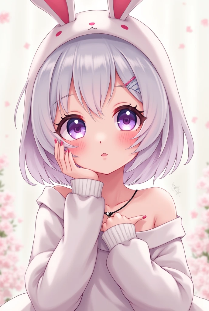 Light skinned anime girl, purple eyes, White updo with pink highlights, Long-sleeved clothing that fits loosely, a kawaii bunny hat and a heart necklace 