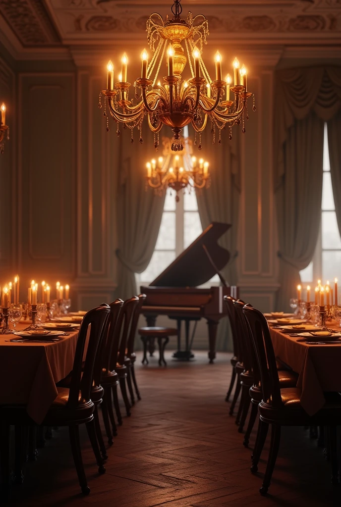 1800s in Germany, a candlelit dining room, a lush chandelier, and a piano.