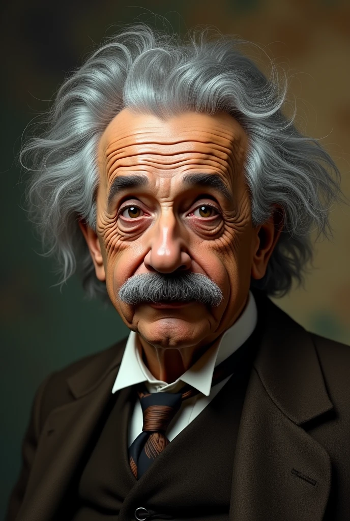 Create a YOUNGER Albert Einstein face and shoulders with messy hair, with dark, smoother face and fewer wrinkles, vintage background, Hyper-Realism