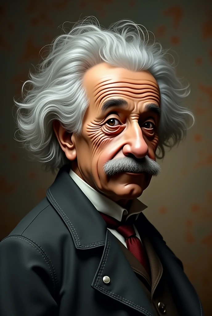 Create a YOUNGER Albert Einstein face and shoulders with messy hair, with dark, smoother face and fewer wrinkles, vintage background, Hyper-Realism