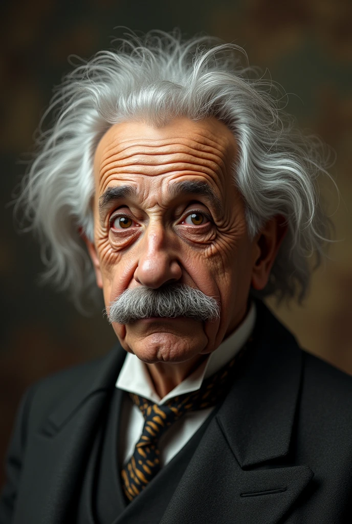 Create a YOUNGER Albert Einstein face and shoulders with messy hair, with dark, smoother face and fewer wrinkles, vintage background, Hyper-Realism