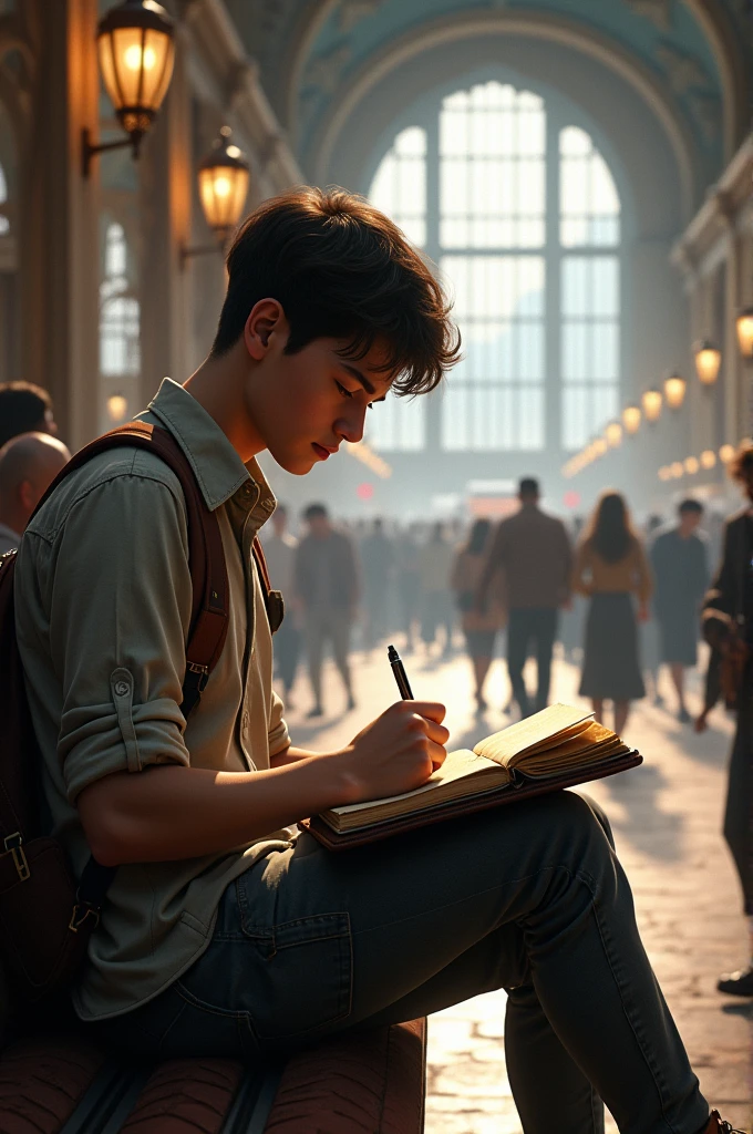 Student at the station using his notebook