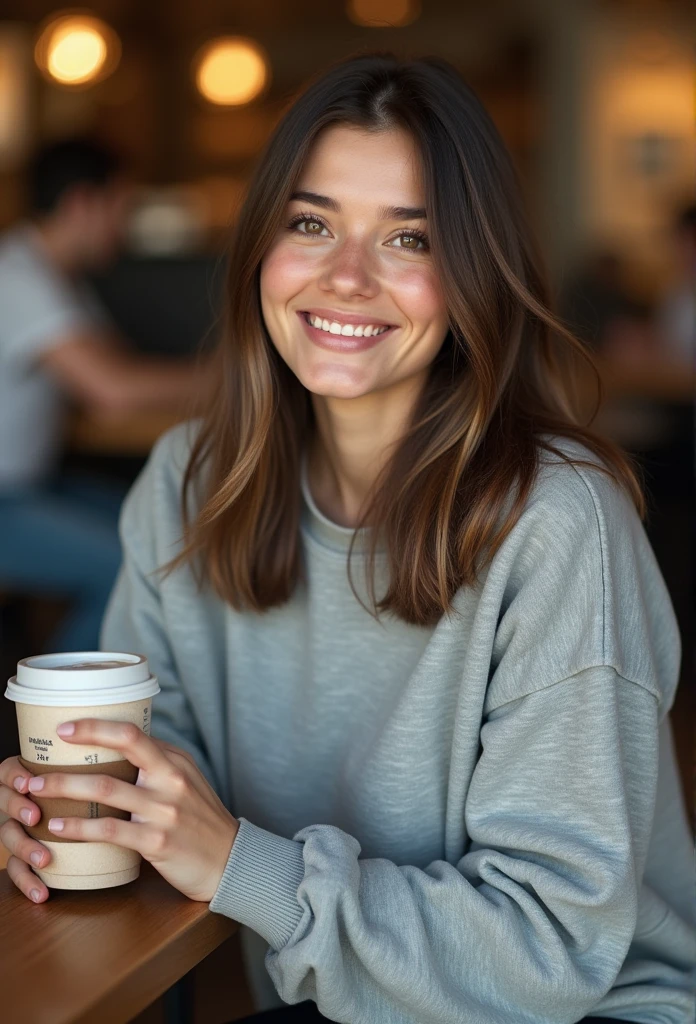 Gorgeous 20 year old girl, with straight hair, Poil long, brown-hair, Brown eyes, métis, generous chest, tenant dans sa main café, dans un starbucks, realistic, smiling, habillé avec un sweat oversize gris, espagnole, with other people, assise, post Instagram