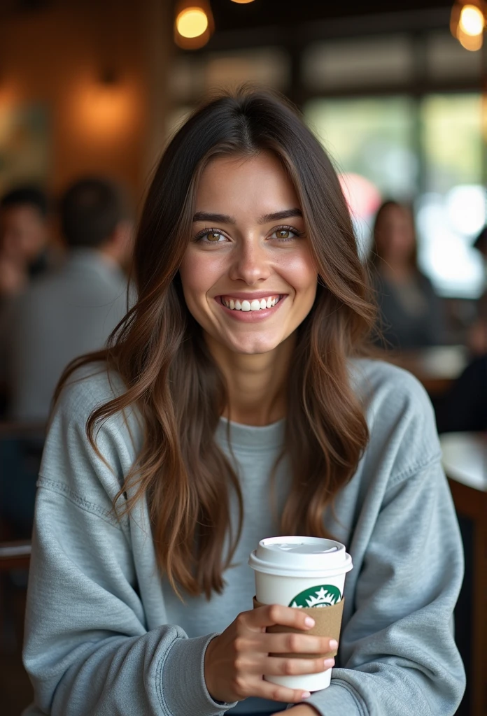 Gorgeous 20 year old girl, with straight hair, Poil long, brown-hair, Brown eyes, métis, generous chest, tenant dans sa main café, dans un starbucks, realistic, smiling, habillé avec un sweat oversize gris, espagnole, with other people, assise, post Instagram