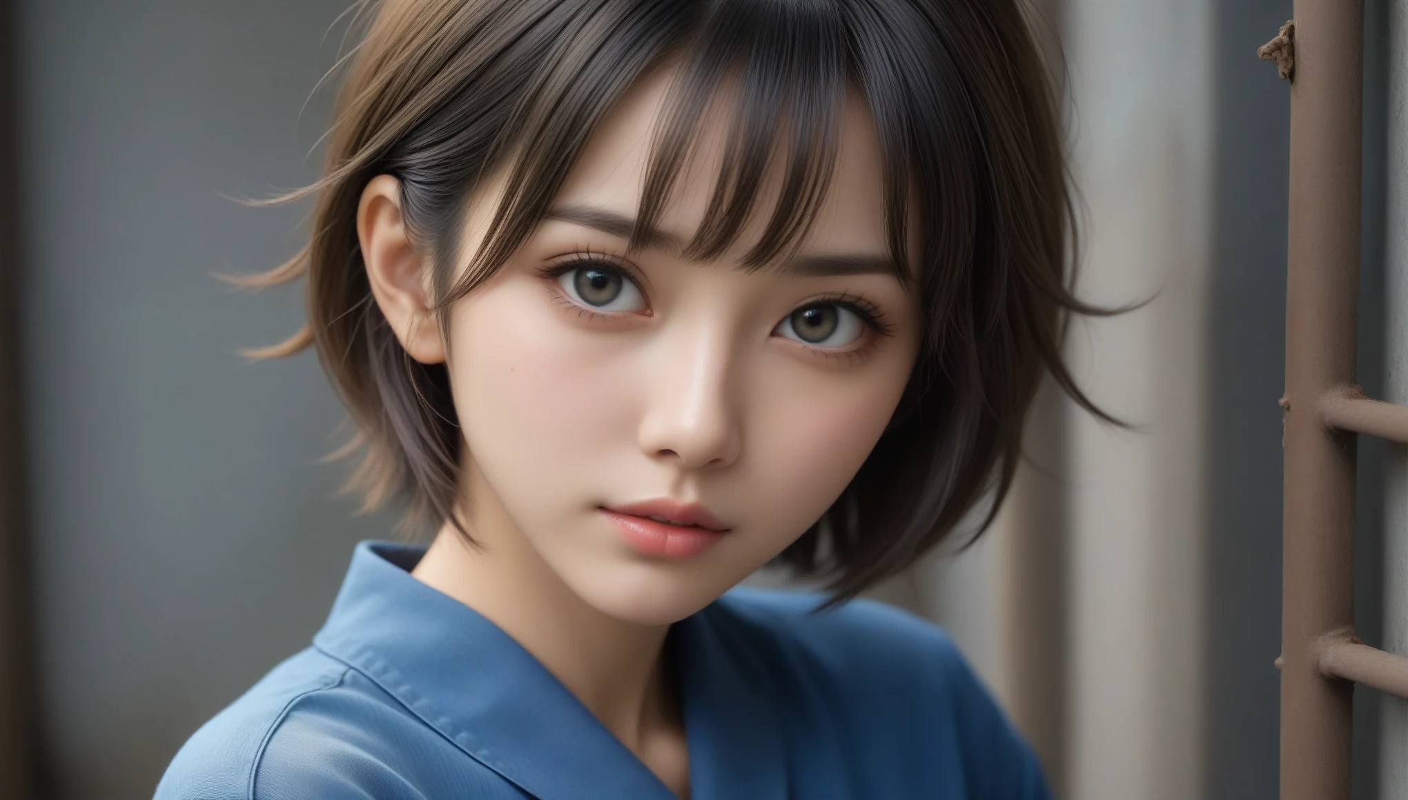 8k, Ultra-high resolution, Highest quality, masterpiece, 三分割法によるphotograph,Surreal, photograph, 1 , (:1.3), cute, cute顔, 細部までBeautiful Eyes, 細かくdetailedに,masterpiece,One Girl:1.2,Japanese women,Young Wife,cowboy shot,glaring,Black short hair,messy hair,(Dirty work clothes:1.3),Staring through the wire mesh,Blue Collar,Factory wall,(Beautiful attention to detail),Subtle details, detailedな顔,anger,Attractive eyes,(ポートレートphotograph:1.4),(Photorealistic images:1.4),Fantasy art,(Beautiful Face:1.4),美しくAttractive eyes、Beautiful Eyes、Grayscale 16Bits,(Tight waist:1.4)、(Beautiful with perfect body proportions:1.4),Pink Lips,Looking at the audience,(((Ideal body type))),A-cup small breasts :2,、Portraiture:2、Perfect Anatomy、鮮明なdetailed、detailed,Fashion magazine cover,Thin lips,完璧でBeautiful Face ,完璧でcute顔, Skin with attention to detail, Perfect limbs、Narrow waist,Surreal,Light and shadow,darkness