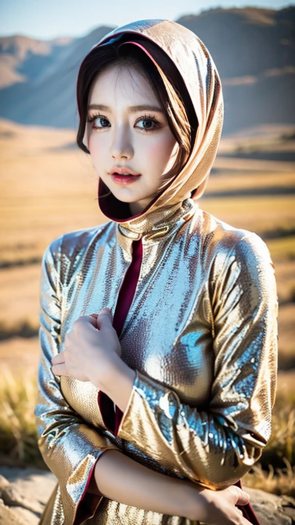 1 girl wearing hsalwar kameez and hijab, beautiful detailed eyes, beautiful detailed lips, extremely detailed face and skin, long eyelashes, traditional pakistani outfit, hijab covering head, hands holding something, standing in rural landscape, golden hour lighting, warm color tones, cinematic mood, intricate details, photorealistic, 8k, high quality, masterpiece