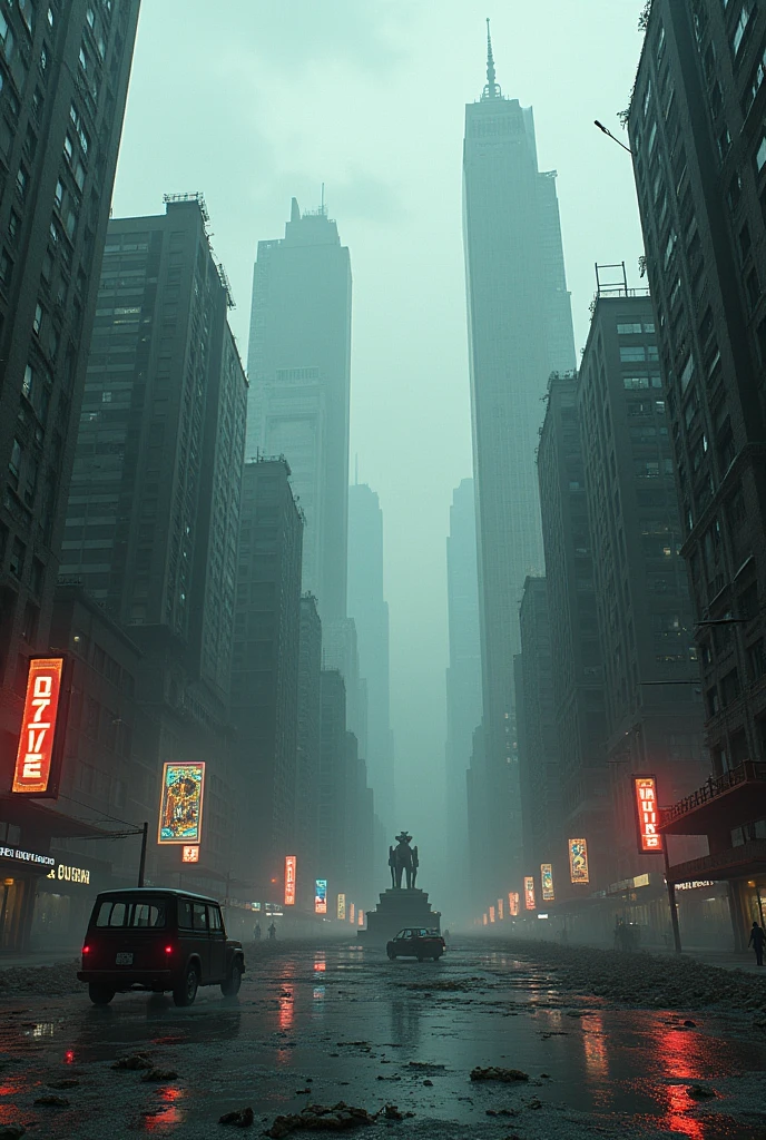 Imagine a big city, but completely abandoned, plunged into an oppressive silence. the streets, once vibrant and full of life, now they are deserted, covered by a layer of dust and dead leaves that the wind occasionally lifts, creating whirlpools that disappear as quickly as they appear.
The tall buildings, that were once icons of modernity, are deteriorated, with broken windows and facades stained by time. Neon Signs, once brilliant, now blink weakly or remain off, as witnesses of a life gone by.
Old cars are parked haphazardly on the streets, some with open doors, others with shattered glass, as if people had suddenly fled. At one of the intersections, a traffic light still works, changing its colors for a non-existent audience.
The sidewalks, previously full of pedestrians, are empty, except for a few open suitcases, its contents scattered across the floor, suggesting a hasty evacuation. Shops with broken windows show looted interiors, with fallen mannequins and merchandise scattered on the floor.
in the center of the city, a square with a large fountain, now dry and cracked, is surrounded by rotting wooden benches and dead trees. The statue in the middle of the square, corroded by time, observes everything impassively, as if it kept the secrets of what happened there.
The air is still, heavy with the smell of rust, dust and something indefinable, a mixture of decay and abandonment. The only sound is the wind, that whistles between buildings and makes doors creak, giving the feeling that something or someone could emerge at any moment from the deep shadows that gather in the alleys and corners. The whole city seems to be waiting, suspended in an endless moment, as if time had stopped and she was on the brink of something terrible.