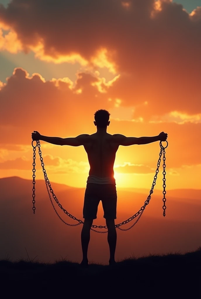 Silhouette of young man alone with beautiful sky at sunset, open both arms with chains on his arms He felt free from the handcuffs tied to his arms