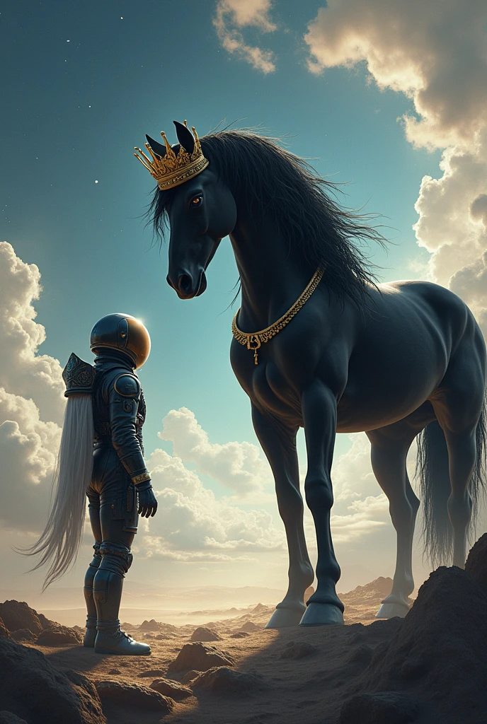 A black horse with a crown on its head and a man from space in front of it