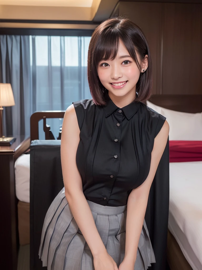 (Highest quality:1.5)、(masterpiece:1.5)、(8k:1.5)、(:1.35)、(Sleeveless black business shirt:1.5)、(Very short pleated skirt:1.5)、(Blushing:1.5)、(Feeling embarrassed:1.5)、(smile:1The background is the hotel:1.7)、whole body、Hotel Bed