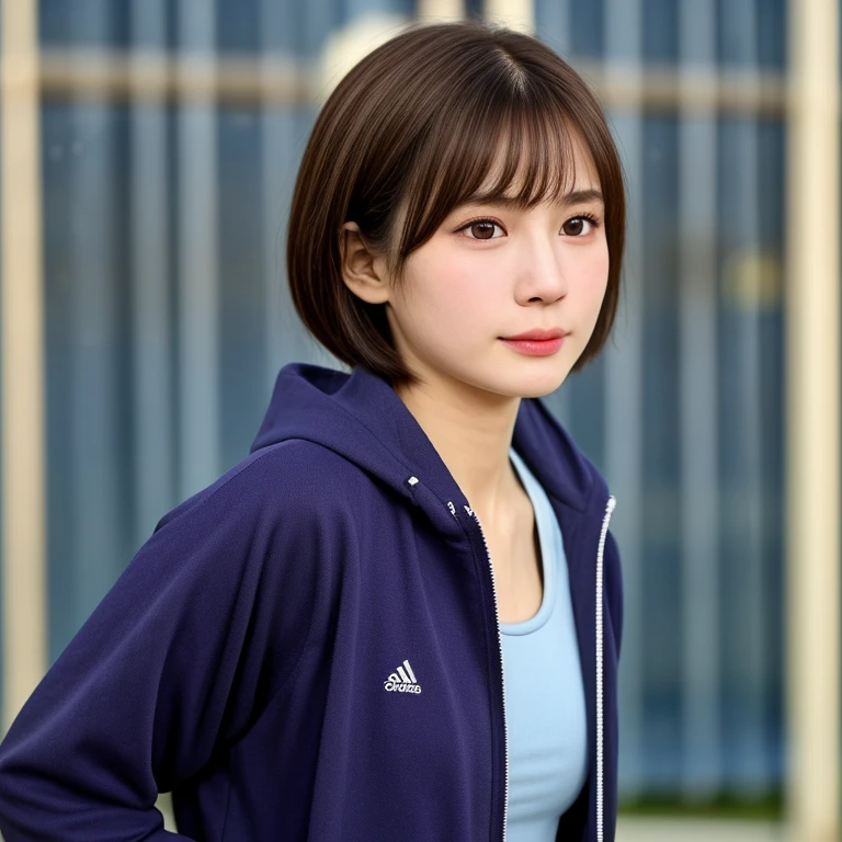 (kawaii 24 year-old Japanese girl, Nogizaka idol, Korean idol), healthy female athlete body, (glossy brown hair, short hair, pixie cut, bangs:1.3), (rounded face, beautiful black eyes, single eyelid, no makeup:1.2), (looking at away, empty eyes, sigh:1.5), (wearing light blue track jacket, sweat jogger pants:1.3), perfect shaped extra small breasts, BREAK, (track and field stadium background), (dynamic angle, bust shot:1.2), BREAK, (masterpiece, best quality, photo realistic, official art:1.4), (UHD, 8K quality wallpaper, high resolution, raw photo, golden ratio:1.3), (shiny skin), professional lighting, physically based rendering, award winning, (highly detailed skin, extremely detailed face and eyes), Carl Zeiss 85 mm F/1.4, depth of field, 1girl, solo,