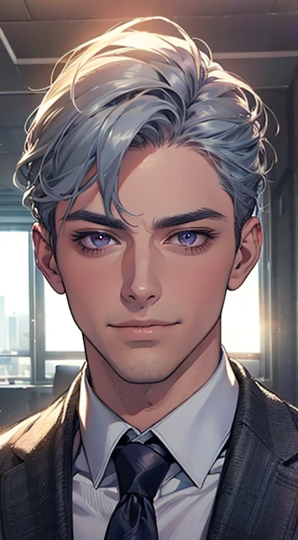 (Highest quality,4K,8K,High resolution,masterpiece:1.2),Super detailed,(Realistic,photoRealistic,photo-Realistic:1.37),1 personld,Mature Men,Beautiful skin、very handsome,Expressionless,smile,Short gray blue hair,purple eyes,Sharp Eyes,A perfect face without a doubt,Businessman,Office Background,Cinema Lighting,HDR image,tie、