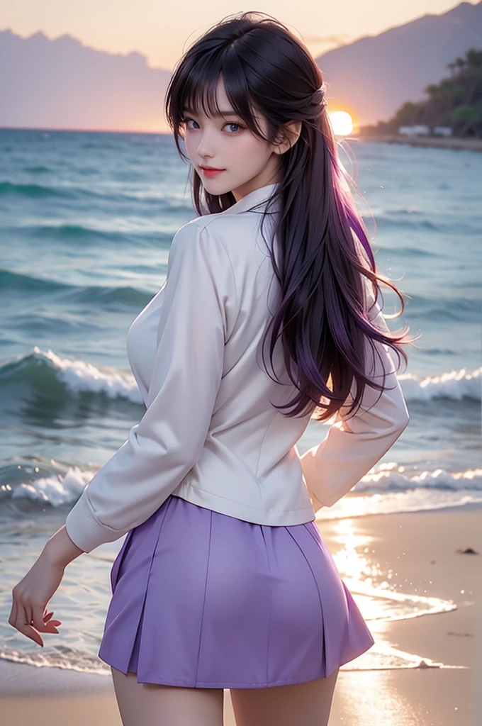 RAW PHOTO, 独奏, alone, Elegant mature woman, Bright purple hair, Very long hair, bangs, mini skirt, blouse, (turn back:1.4), Light jacket, Soft Light, high quality, 4K resolution, (walking alone on the beach:1.3), (summer sunset:1.2), smile, (upper body), (active posing:1.4),