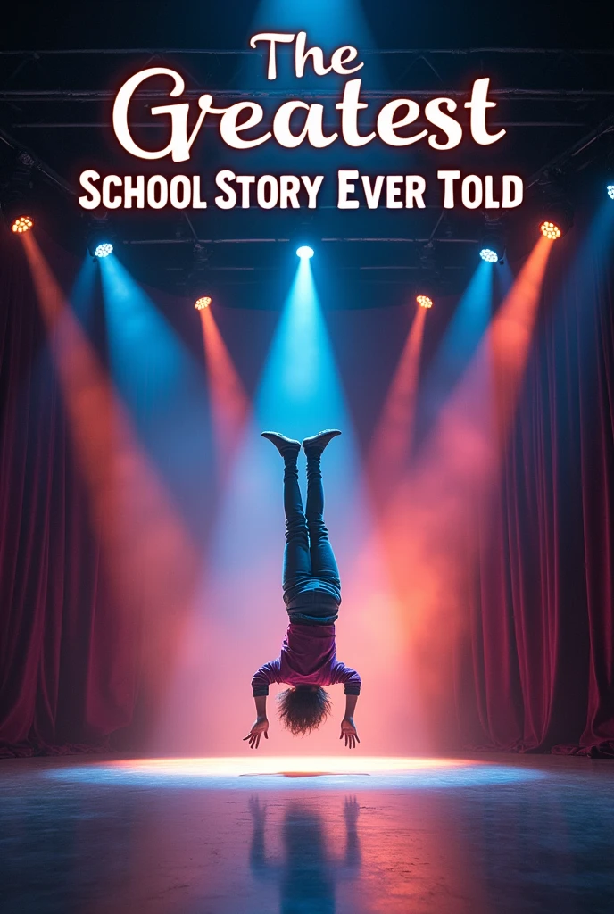 Teenager on an empty school stage and on the floor upside down on a stage as if he were presenting a show with the name above that says “the greatest school story ever told” and below “from obscurity to immortality”