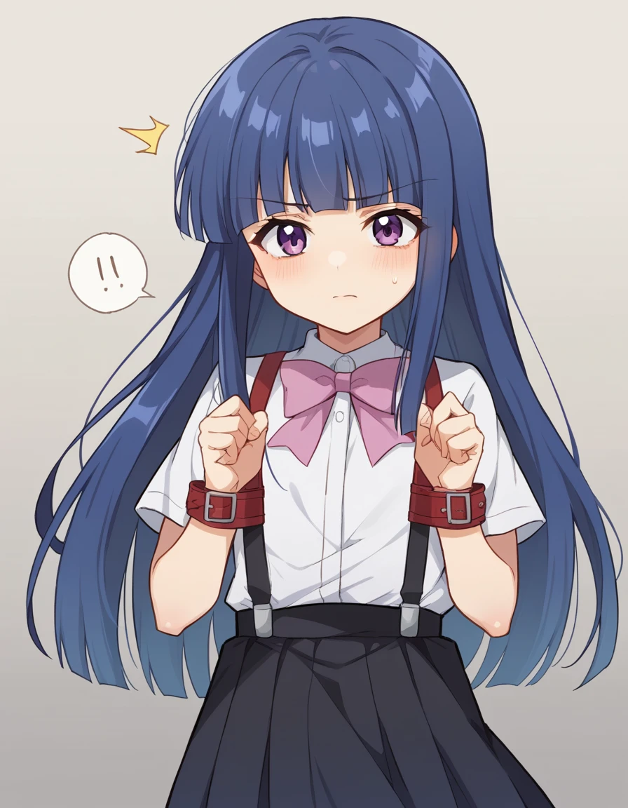 Lock, (鉄のLockで体をぐるぐる巻きにされた女性), Bondage, hostage, (Rika Furude), Blue Hair, Purple eyes, Long Hair, blunt bangs, bangs, 1 person, white shirt, pink bow, suspenders, black skirt
